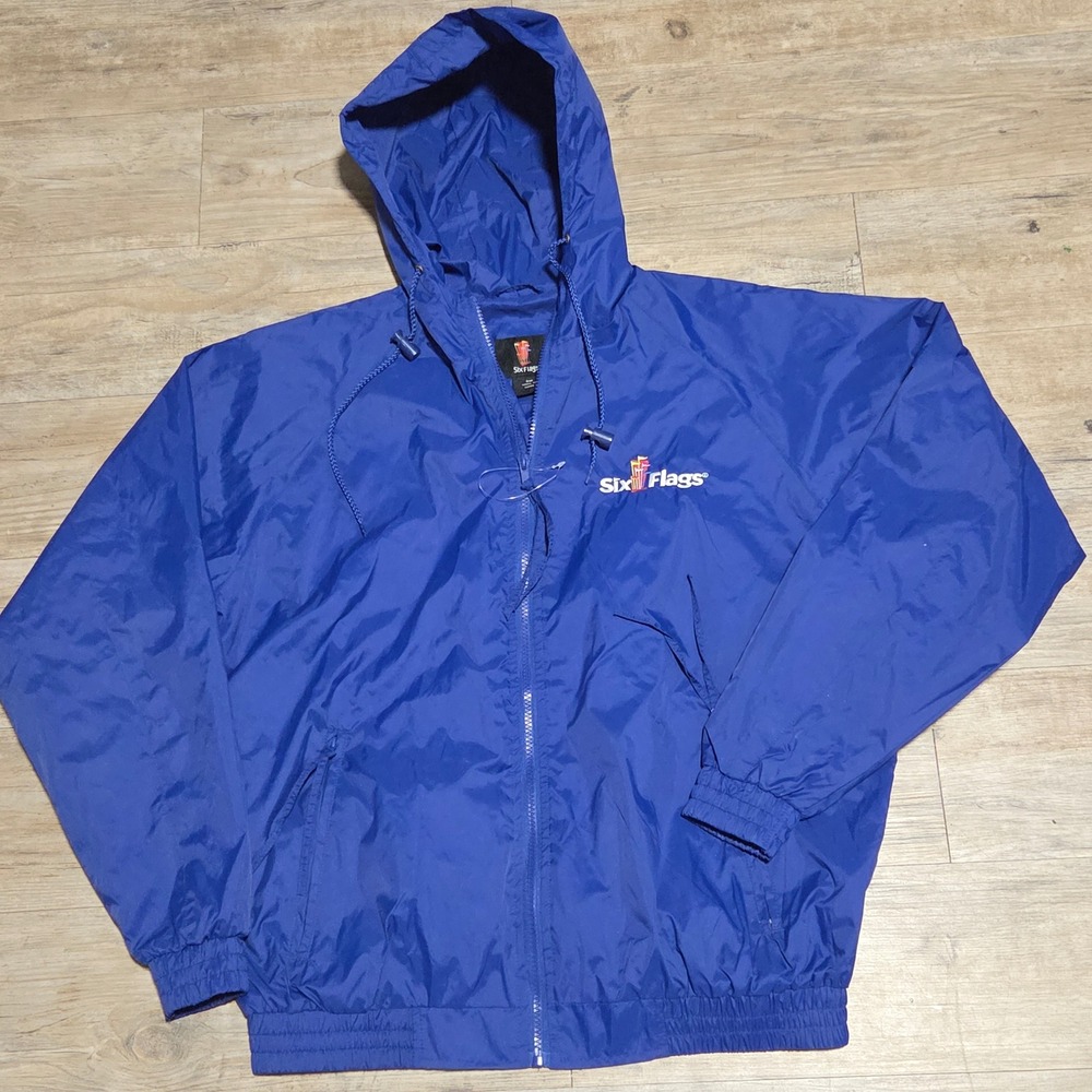 Vintage Six Flags Windbreaker Jacket Blue Size Small Embroidered Logo Hooded New - Picture 2 of 9
